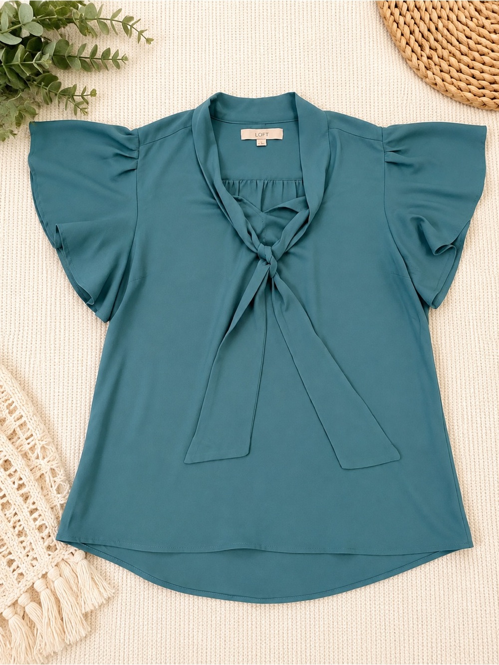 LOFT Teal Tie Neck Flutter Sleeve Blouse Size Medium